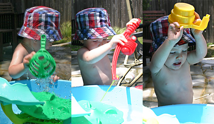 Playing with the fishing net, fishing pole and cup